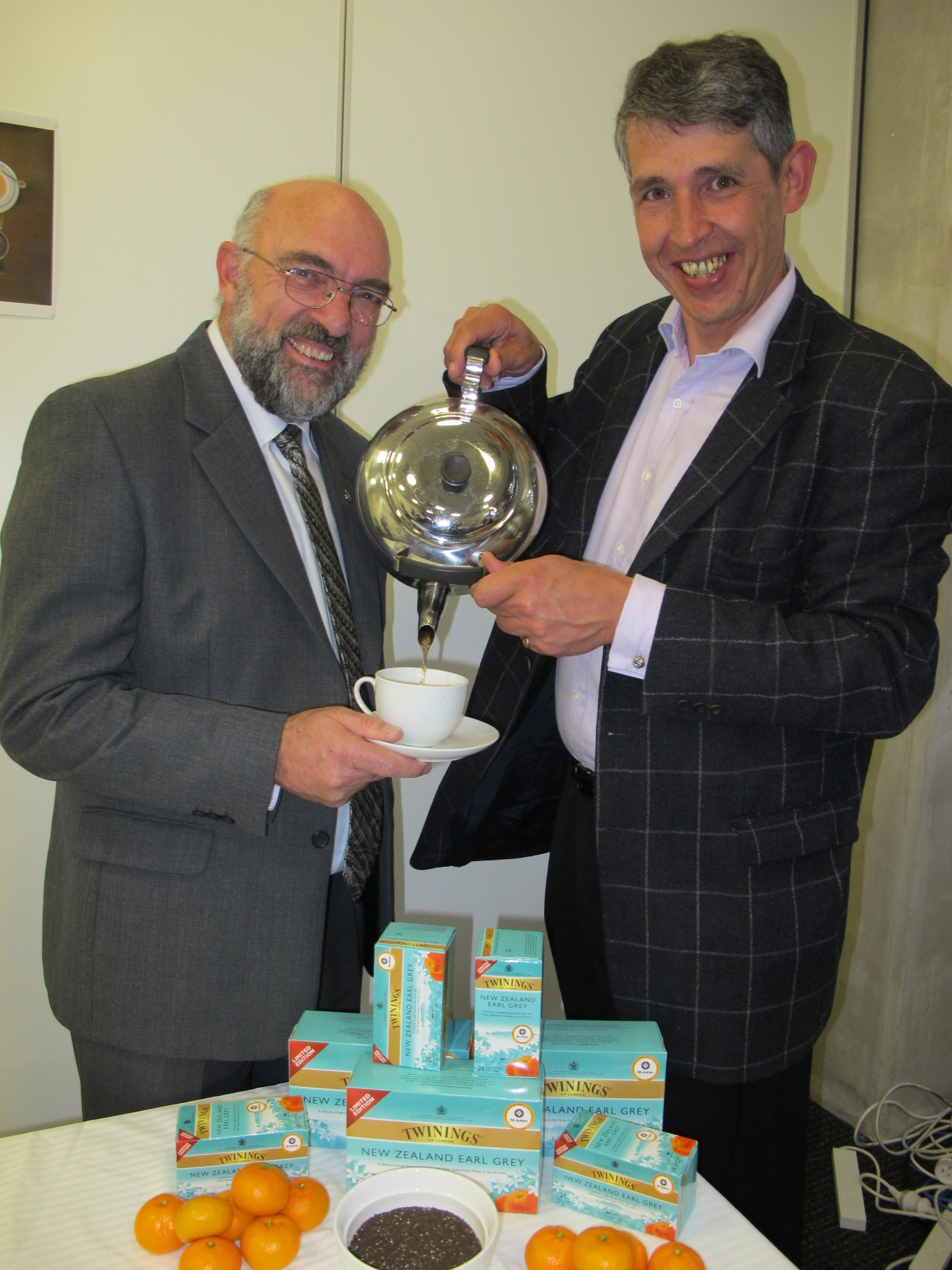 St John Fundraising Manager Jim Datson shares a cup of tea with Stephen Twining of Twinings tea company.